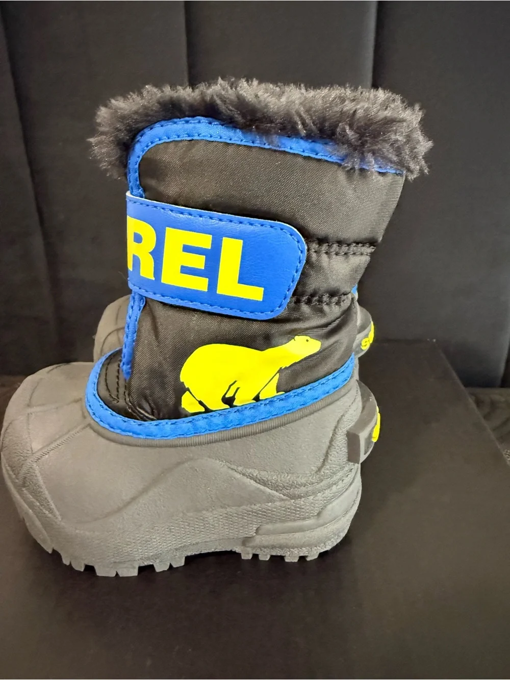 Sorel Kids Black and Blue Snow Boots with Yellow Logo